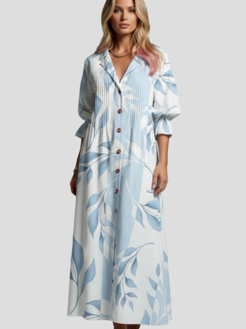 Women’s Floral Light Blue Button-Front Shirt style Maxi Dress Size M
